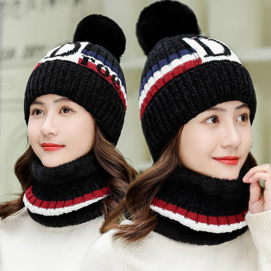 Winter Hat Fur PomPoms Ball Knitted Hats Scarf Set Women Beanie Hat Thick Skullies Female Cap