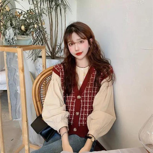 Retro Pattern Knit Sweater V-neck All-match Vest Vest Top Loose Loose Outer Wear Cardigan Sweater Jacket Sweet and Cute