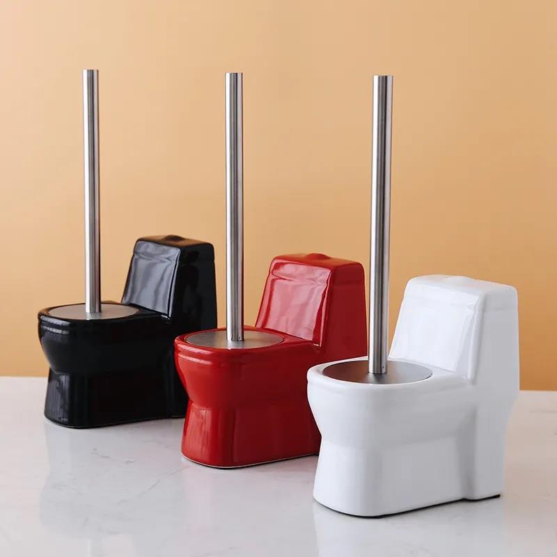 Creative Handmade Toilet Brush Holder Set Creative Bathroom Cleaning Ceramic Long Handle Free Punching Toilet Brush