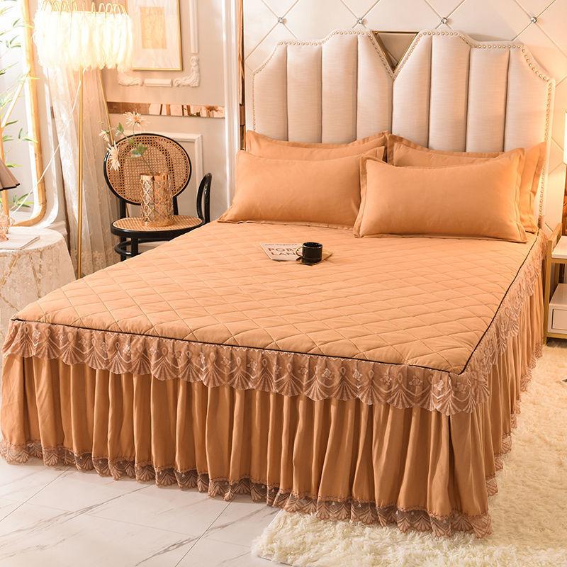 3pcs/set Autumn and Winter Thick Cotton Quilted Lace Bed Skirt Three-piece Set Non-slip Bedspread Pillowcase Three-piece Set