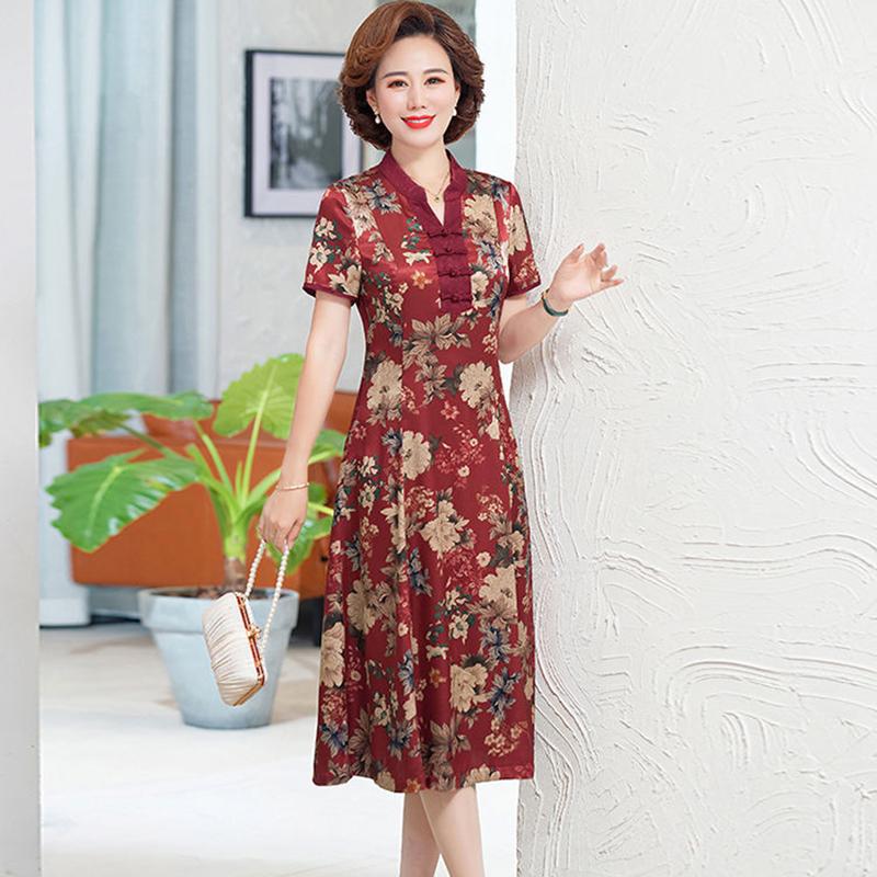 Mother Dress Floral Dress Summer Middle-aged and Elderly Women's Cheongsam Style Western Style Skirt Middle-aged Over-the-knee Long Skirt