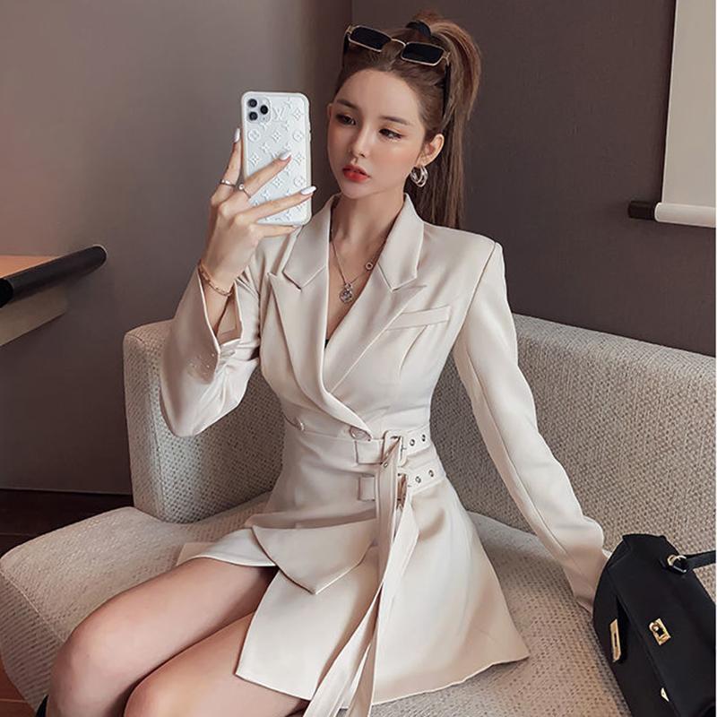 Temperament Fake Two-piece Lace-up Waist Slim Personality Suit Dress Female Autumn Korean Style Long Sleeves