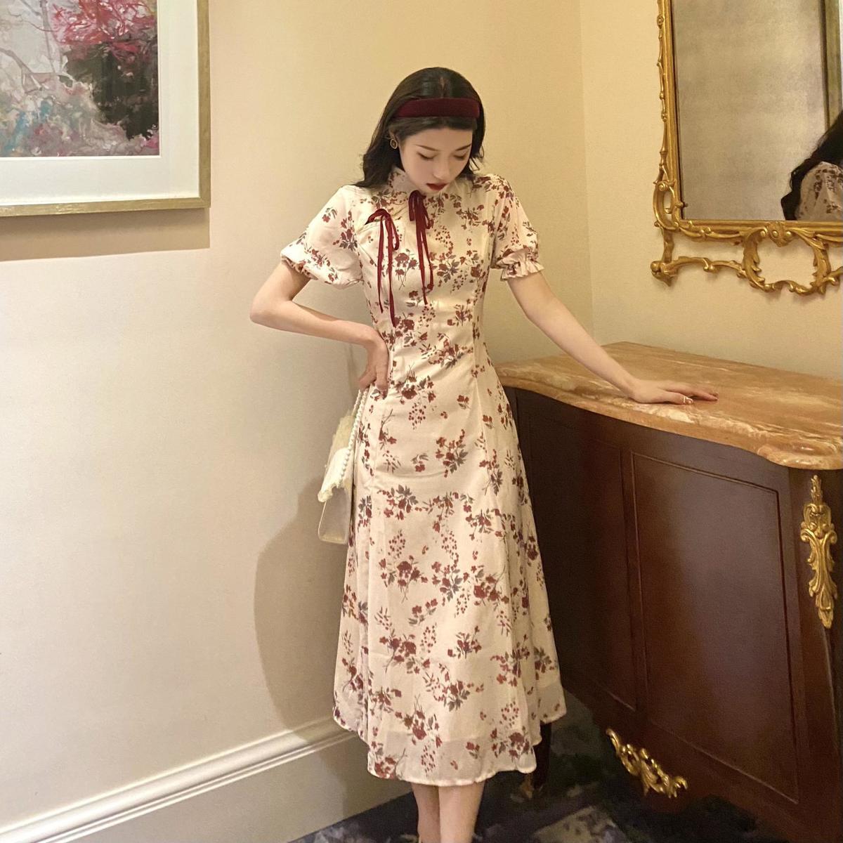 Female Improved Cheongsam Vintage Holiday Fairy Dress Slim Light Mature Style Elegant Stand-collar Floral Print Dress