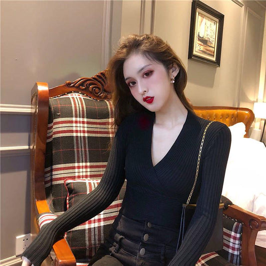 Pofulove Sexy Girl Must-have Base Knitwear Cross V-Neck Slim Knitwear Solid Color Bottoming Sweaters