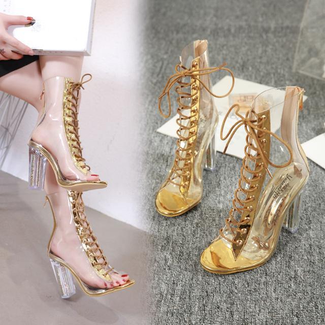 Women's Lace Up  Sandals Sexy pu Leather Transparent Sandals High Heel  Block Heel Sandals