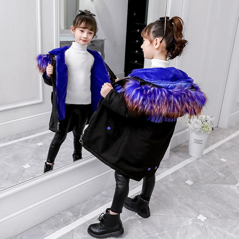 Winter Clothes Plus Cotton Padded Coat for Girls Detachable Plus Velvet Padded Coat Medium and Long Fur Collar Parka  Cotton Padded