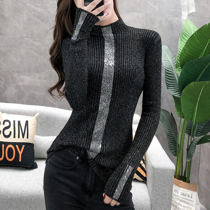 Women Rhinestone Thick Pullover Sweater Winter Bright Silk Bottoming Shirt Skinny Turtleneck Sweater