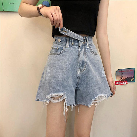 WTEMPO Adjustable High Waist Denim Shorts Women Loose Spring and Summer Wide Leg A-line Thin Casual Shorts