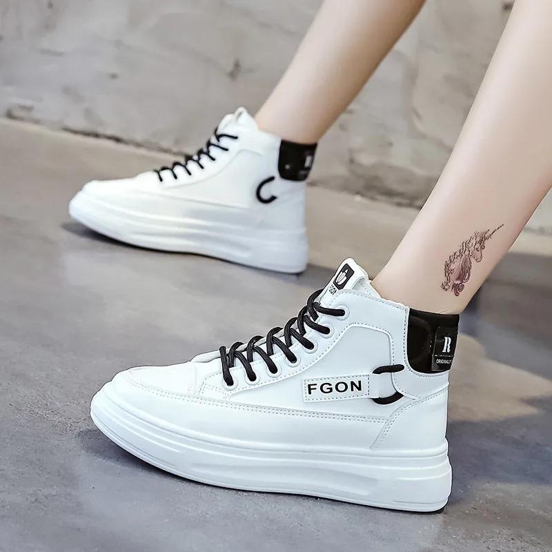 Genuine Leather and Velvet High-top Shoes Women's Shoes Korean Version of All-match Casual Shoes Sports Shoes Autumn and Winter Cotton Shoes