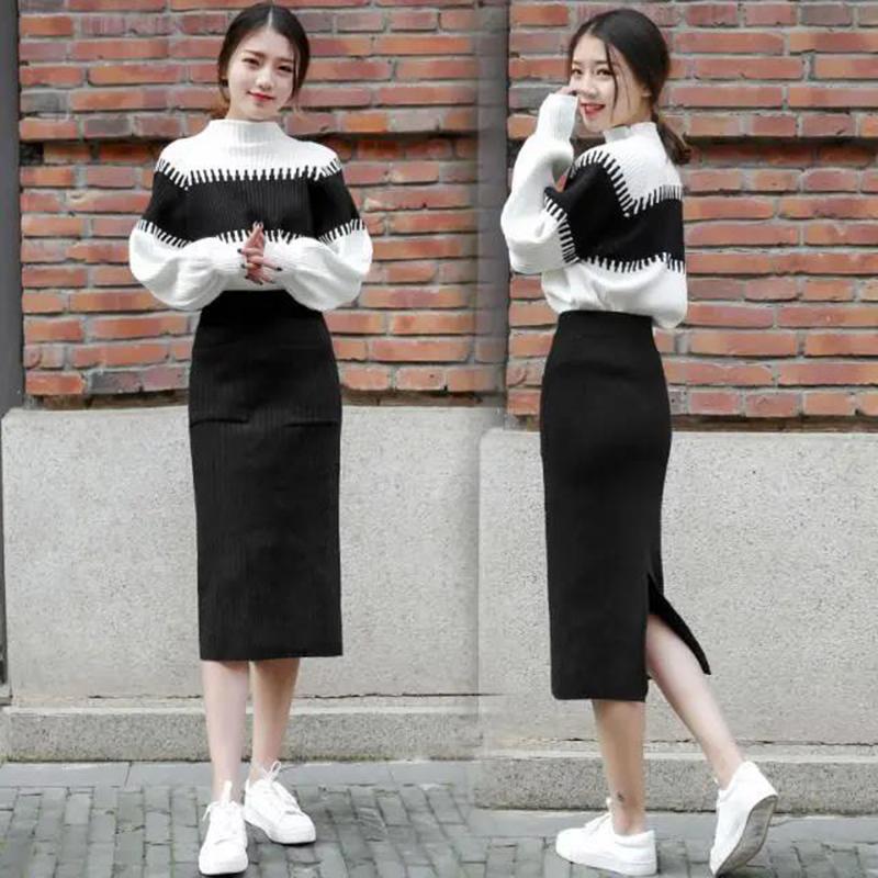 Autumn and Winter Black and White Knitted Suit Women's Warm Sweater with Hip Skirt Two-piece Temperament Goddess Warm Suit