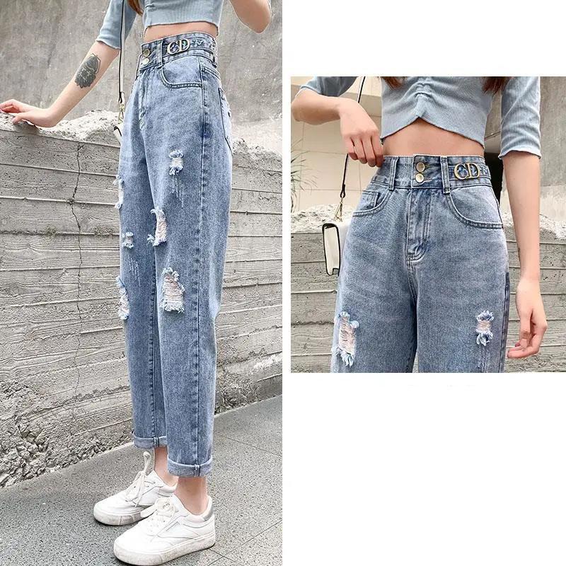 Women Spring Summer Cropped Pants Loose Vintage High Waist Straight Streetwear Denim Ripped Jeans