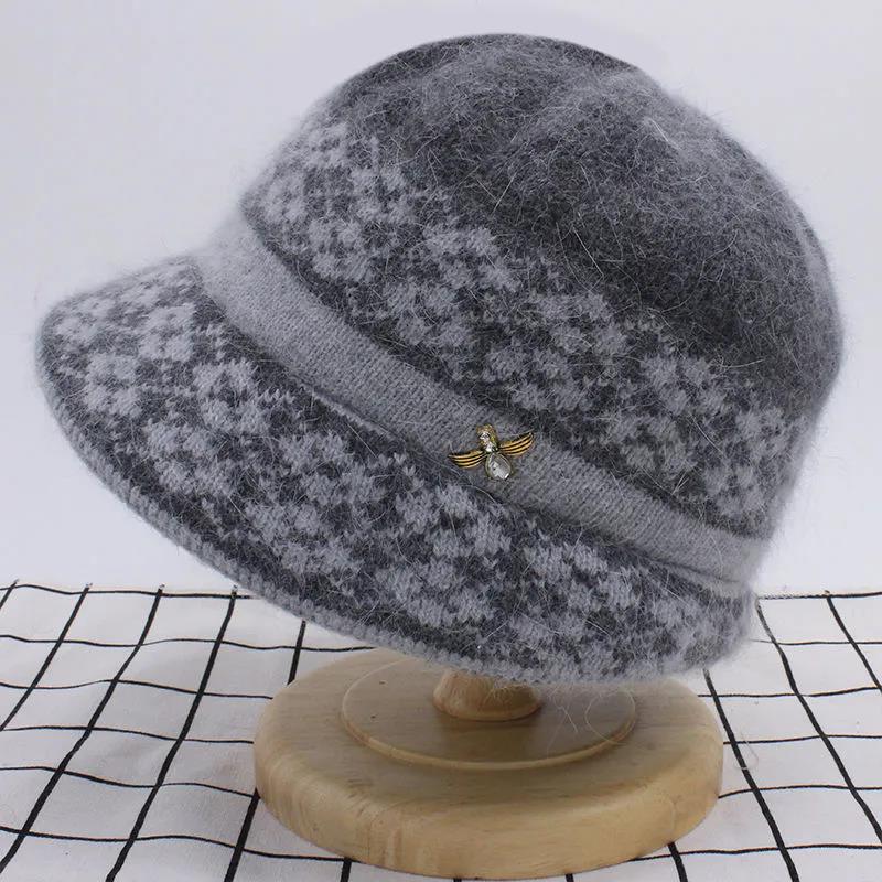 Ladies Autumn Winter Warm Rabbit Woolen Hat Mother's Knitted Hat with Velvet Thickening Rhinestone Decoration Cap High Quality Cold Proof Hat Headgear