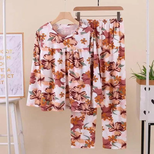 Women's Long Sleeves Pajamas Set Retro Floral Printing Home Wear Two-piece Set Middle-aged Elderly Casual Flowers Loose Large Size Pajamas