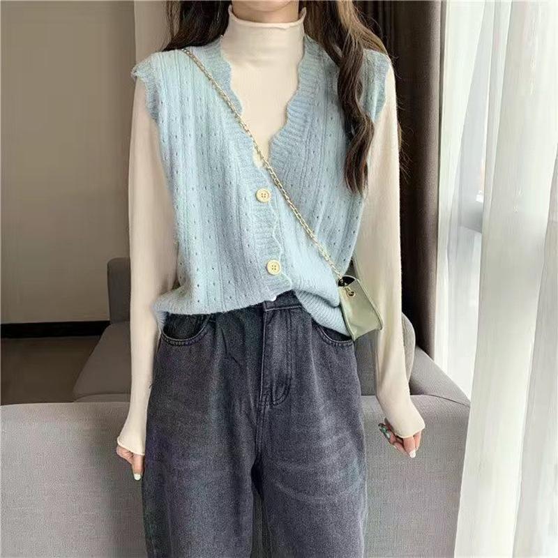 Hollow Knit Sweater Vest Vest Women Lazy Loose Short Sweater Waistcoat Outer Wear All-match Cardigan Vest Sweet Style