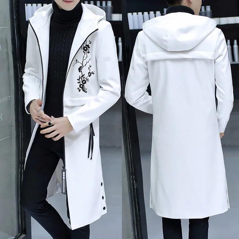 Men Leather Windbreaker Embroidered Floral Coat Stand Collar Casual Slim Jacket Trend Comfortable Parka Long