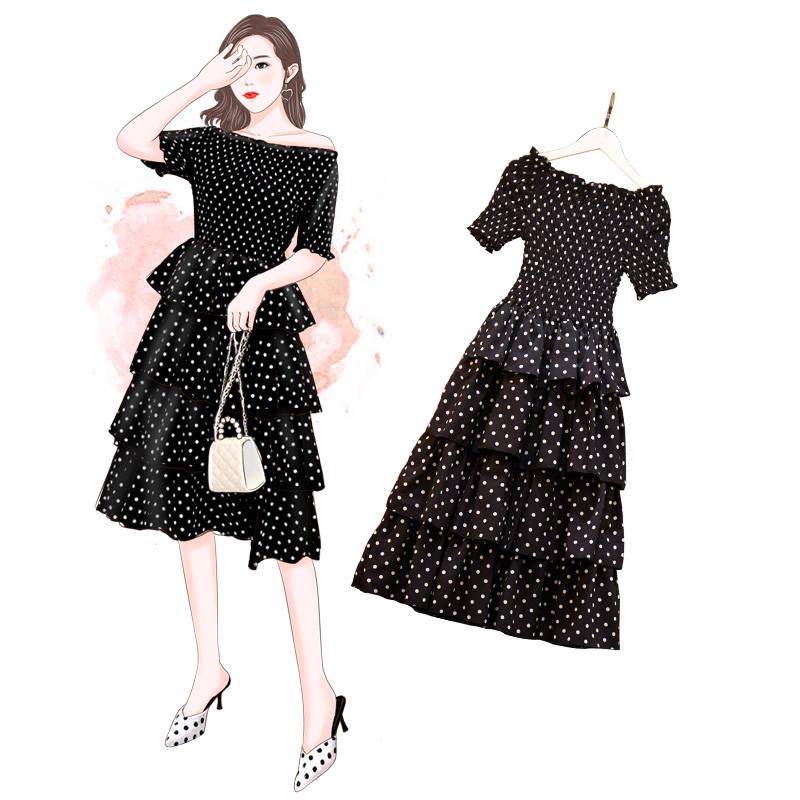 Plus Size Polka Dot Layered Dress Slash Neck Off-shoulder Party Evening Dress Summer