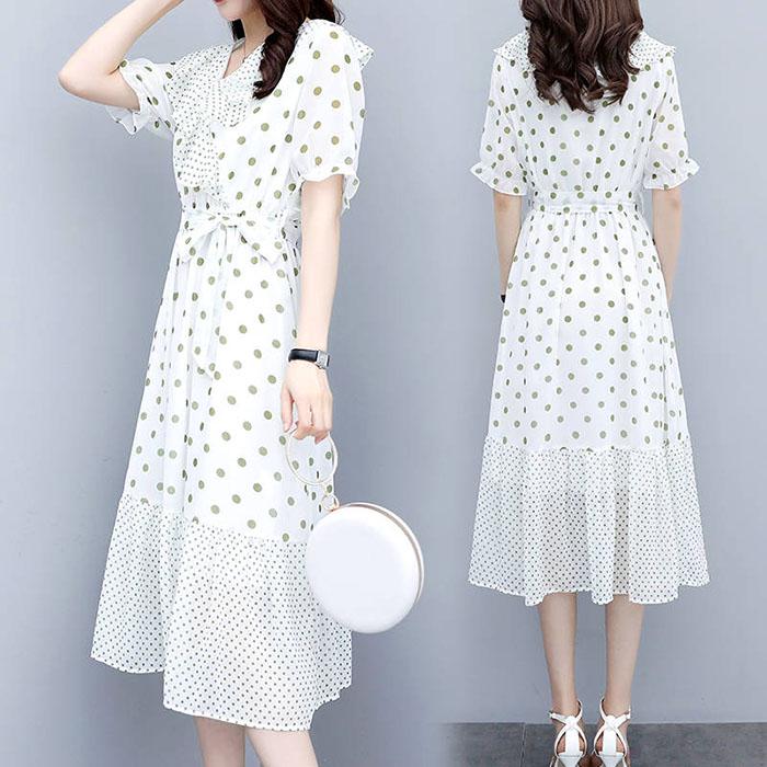 Women Chiffon Polka Dot Dress Slim Short Sleeve V-Neck A-line Vacation Beach Sun-dresses