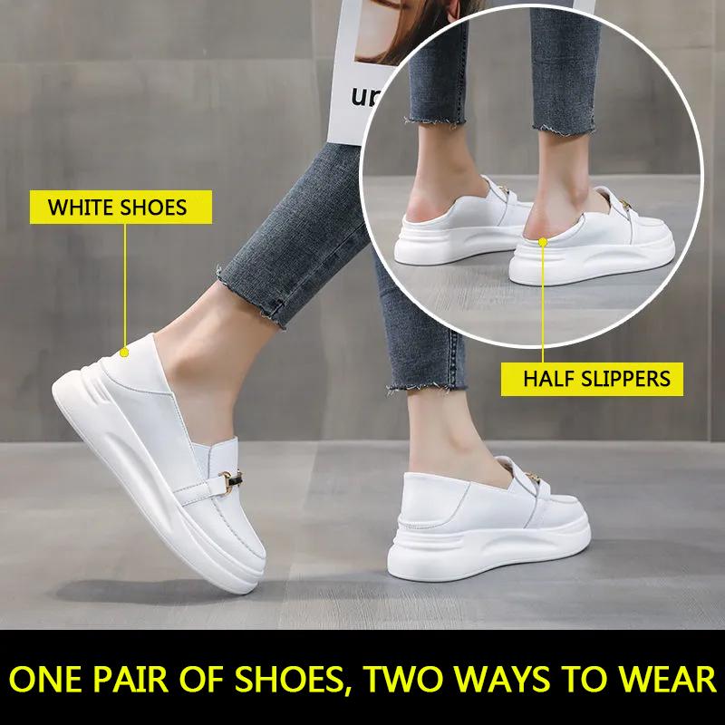 Women's Thick-soled White Shoes Spring and Autumn All-match Pregnant Women Slip-on Shoes Ladies Student Loafers Height Increasing White Shoes