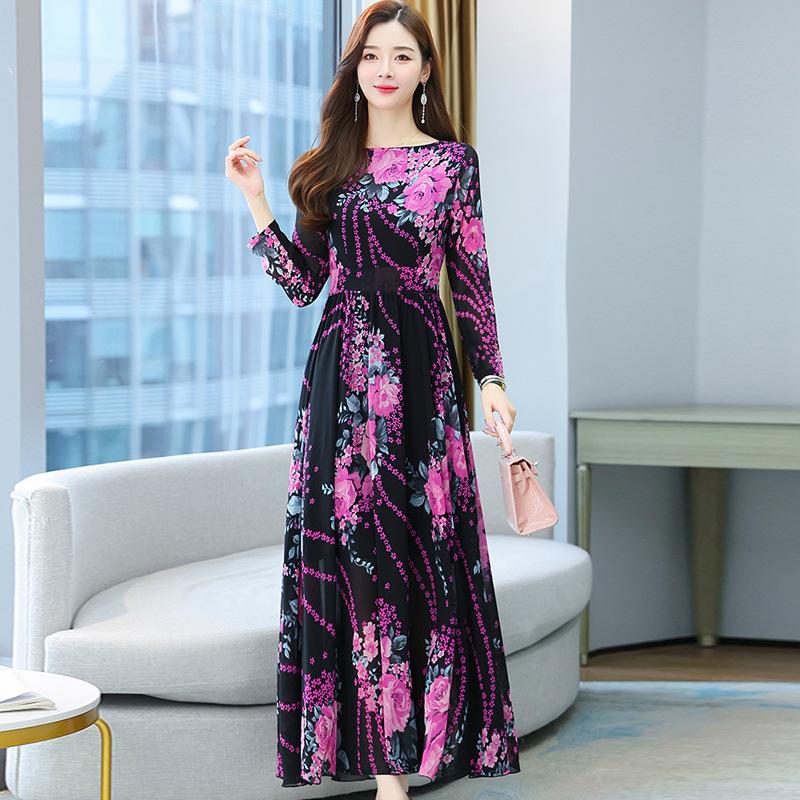 Women's Spring Summer Printed Long Sleeve Dress Autumn Loose Plus Size Casual Long Floral A-line Dress