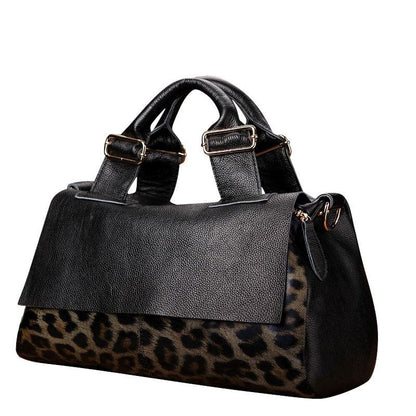 Personality Leopard Big Black Genuine Leather Top-Handle Bags Handbags Women Bags Luxury Large Capacity