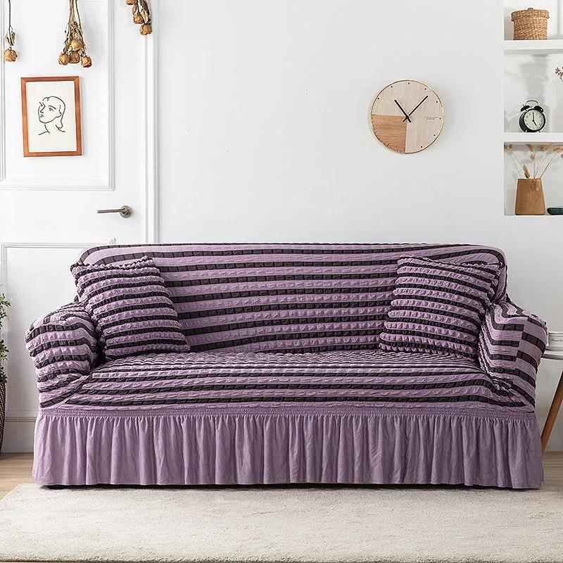 Stripe Sofa Cover with Skirt Elastic Sofa Slipcover for Living Room Bedroom Nordic Full Cover Sofa Cushion Universal Slip Cover 1/2/3/4 Seaters