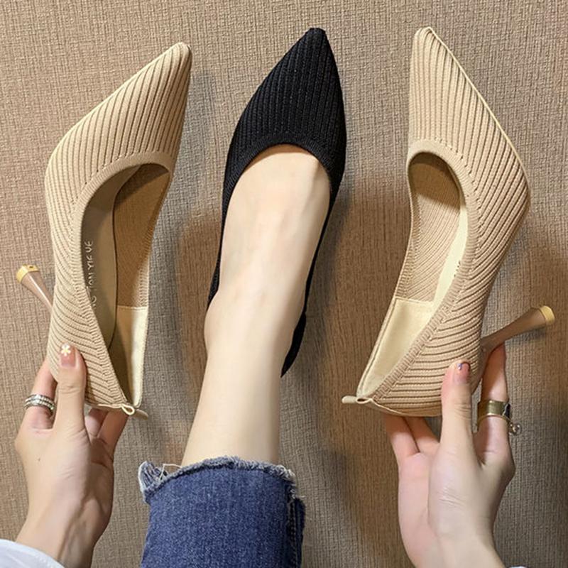 Flying Woven Single Shoes Women Spring and Autumn Pointed Toe Breathable High Heels All-match Nude High Heels Stiletto Shoes