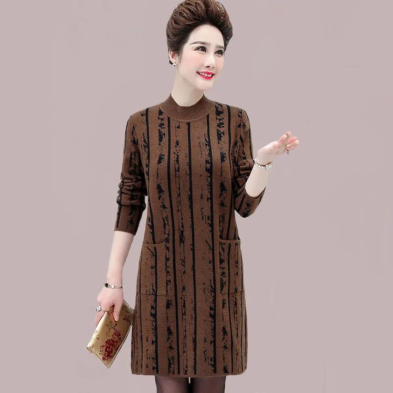 Women's Plush Thickened Autumn and Winter Mid-length Dress Large Size Versatile Mother's Casual Dress