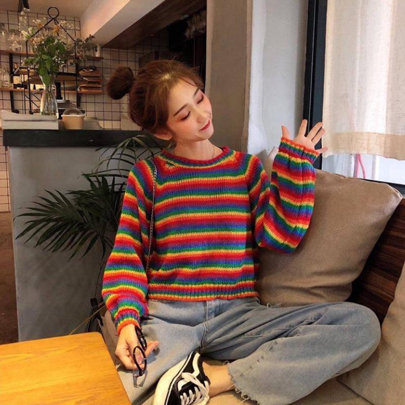 Women's Loose Lazy Student Sweater Women's Pullover Rainbow Striped Short Sweater