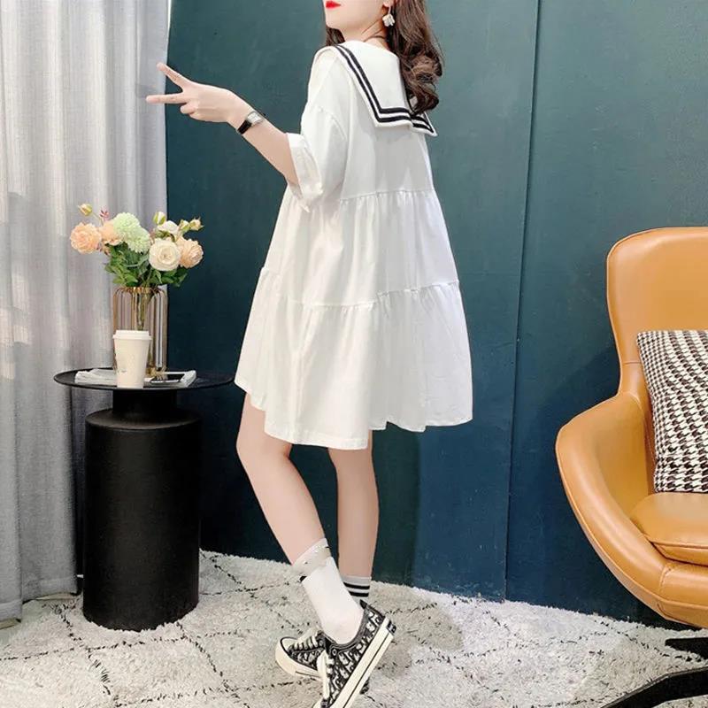 Women's Loose Summer Dress Round Neck Short-sleeved Large Skirt Dress Sailor Suit Dress Sweet and Cute Cotton Fabric Absorbent and Breathable