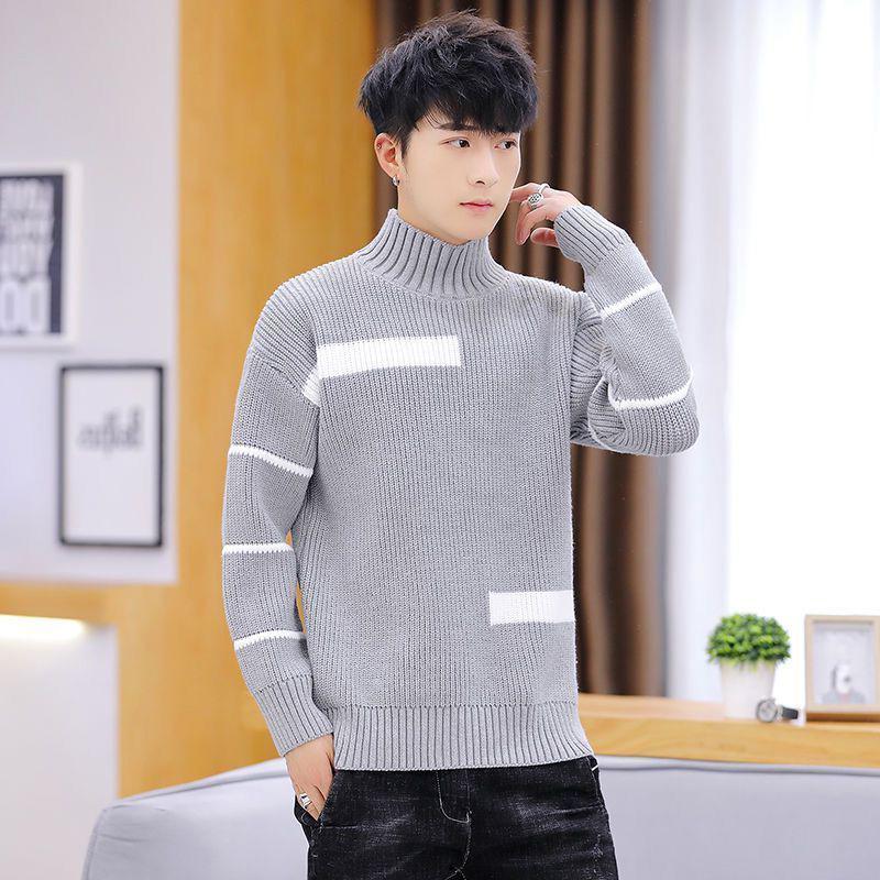 Spring and Autumn Striped Casual Round Neck Sweater Personalized Half High Neck Splicing Color Sweater