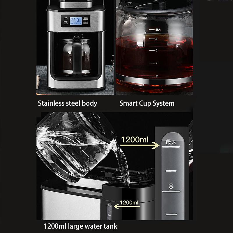 1000W Coffee Maker Machine Home Automatic LED-display Bean Grinder Fresh Grinding American Espresso Coffee Tea Milk