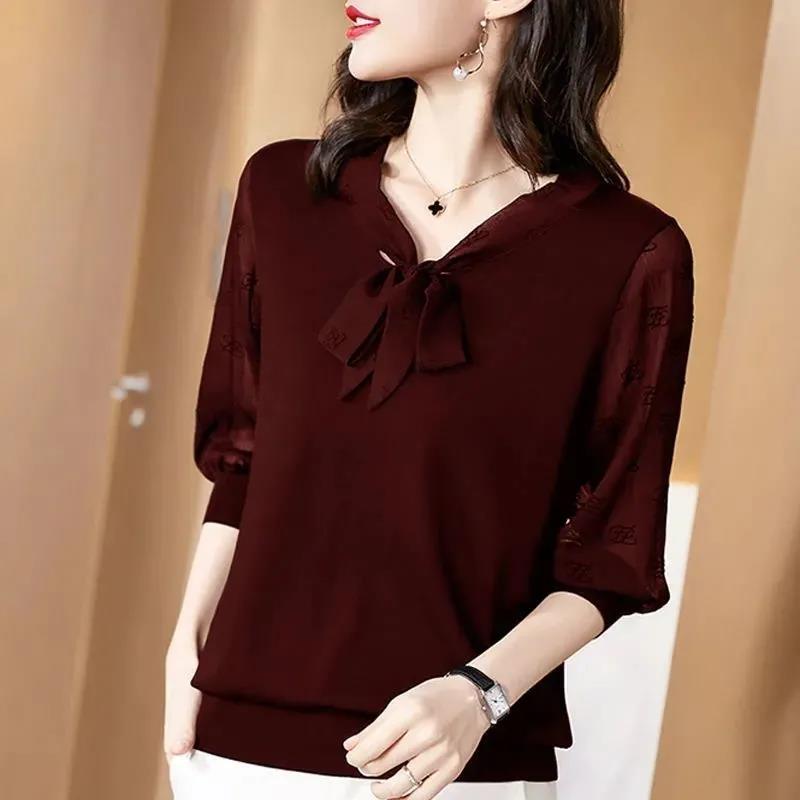 New Chiffon Blouse Office Lady Fashion Tops Sweet Bow Women  Casual Long Sleeve Summer  Pullover