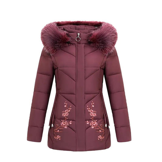 Winter Down Cotton Jacket Fashion Fur Collar Hooded Mid-length Jacket Thick Warm Cotton Jacket Suitable for Middle-aged Women