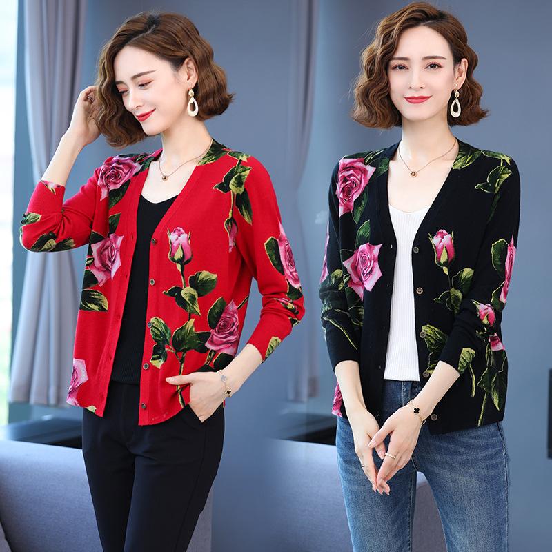 Rose Print Cardigan Women Spring Autumn Winter Loose Plus Size Sweater Coat Elegant Wool Cardigan