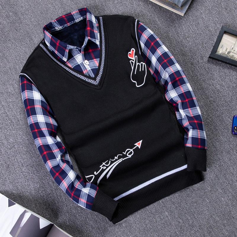 Autumn and Winter Men's Sweater Shirt Fake Two-piece Plus Velvet Thick Knit Sweater Slim Pullover for Teenagers