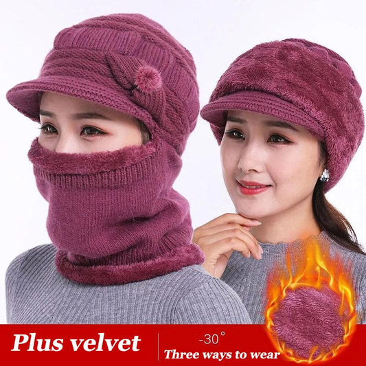 Women's Winter One-piece Hat Cycling Windproof Warm Hat Bib Integrated Plus Velvet Thick Knitted Woolen Hat