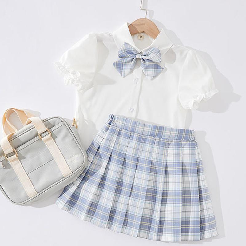 Girls Pleated Skirt Suit Big Children Elementary School Students Summer Puff Sleeve Jk Uniform Skirt Children's College Style Skirt Summer Dress