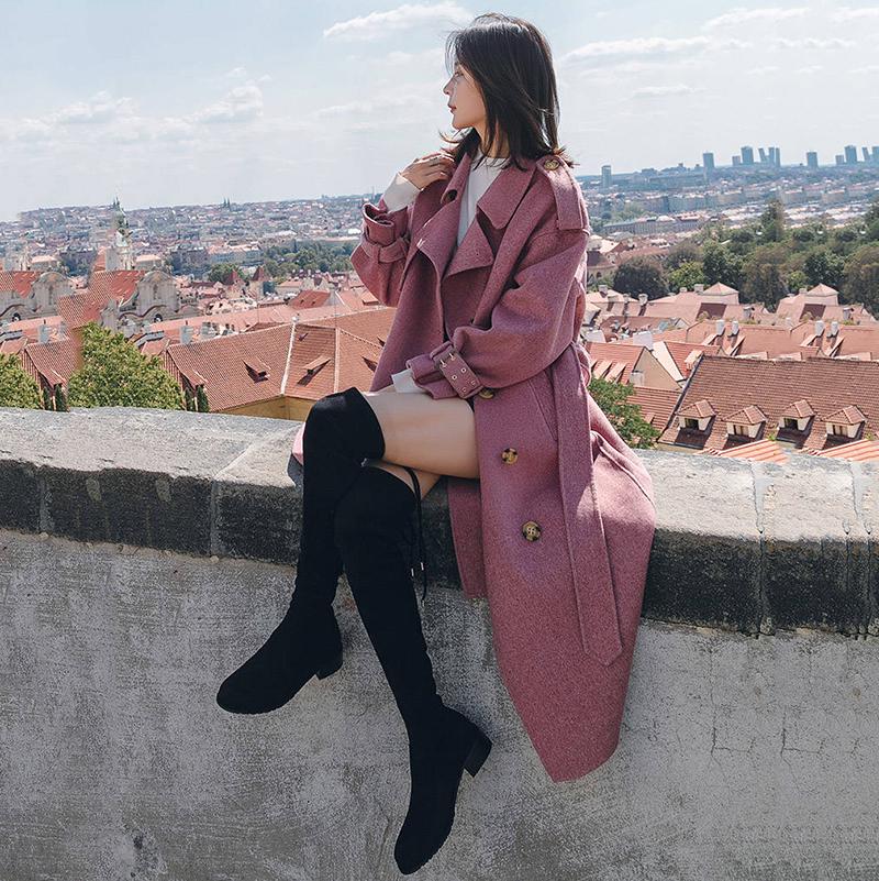 2019 Autumn Winter Wool Women Office Work Long Coats Fashion Lady Slim Lapel Long Sleeve Belt Jacket