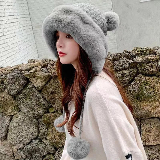 Winter Women's Hat Korean Version of Cute Fur Ball Ear Protection Knitted Hat Plus Velvet Warm Wild Plush Hat