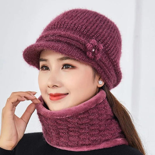 Women's Hat Winter Plus Velvet Thick Woolen Hat Windproof Warm Hat Bib Set Knitted Mother Hat Floral Padded Knitted Caps Mask Scarf One Piece Hat