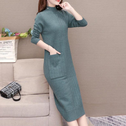 Autumn and Winter Mid-length Knitted Dress Women's Pullover Solid Color Thickened Half High Collar Bottoming Knitted Dress