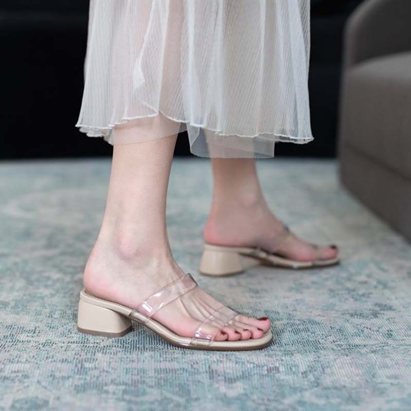 Transparent Sandals and Slippers Women's Summer Middle Heel One-word Sandals Thick Heel Temperament Non-slip Wear-resistant Slippers Simple Flip Flops