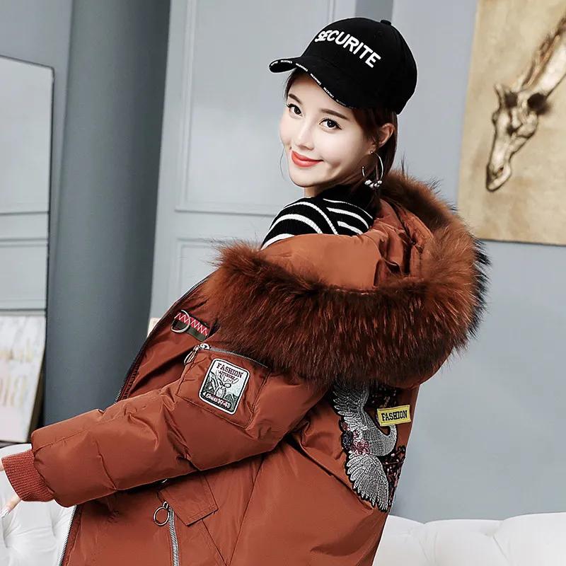 Winter Jacket Fur Collar Hooded Parkas Hooded Thicken Warm Plus Size Down Coats Women Crane Embroidery Fashion Streetwear Harajuku Hip Hop Jackets