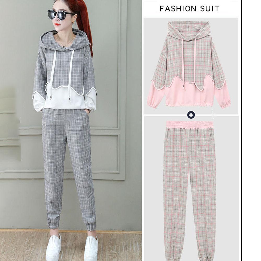 2pcs/set Women Sweatshirt Set Drawstring Plaid Sweatshirt Hoodies+Pants 2 Piece Set Women's Sports Suit Female Sportwear Hoodies Suit