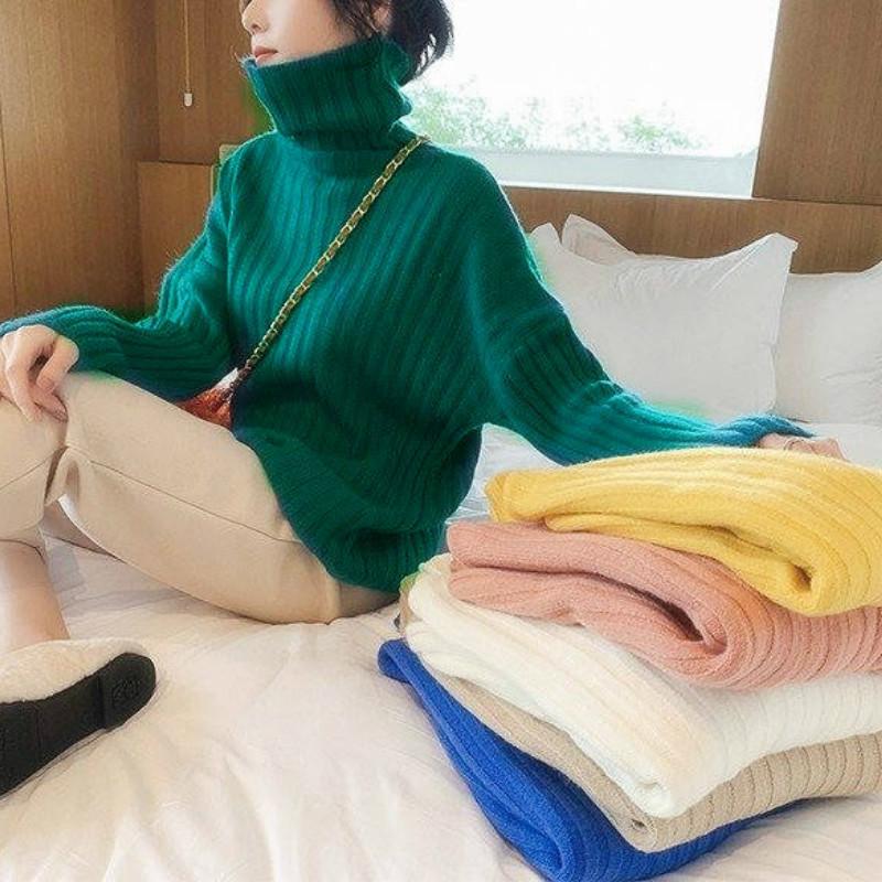 Pofulove Lady Pullover Winter New Net Red Western Bottoming Sweater Fairy Loose Turtleneck Sweater