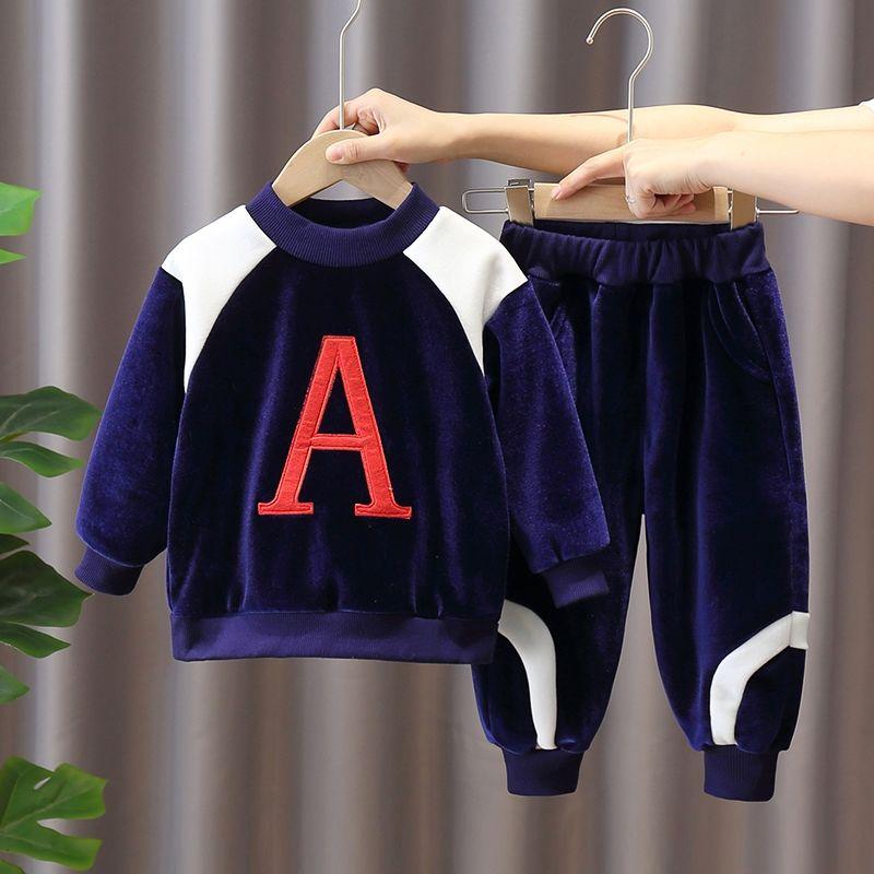 2021 Children's Clothing Plus Fleece Boy Middle and Small Children's Sweater Suit Double-sided Fleece Baby Casual Korean Two-piece Suit