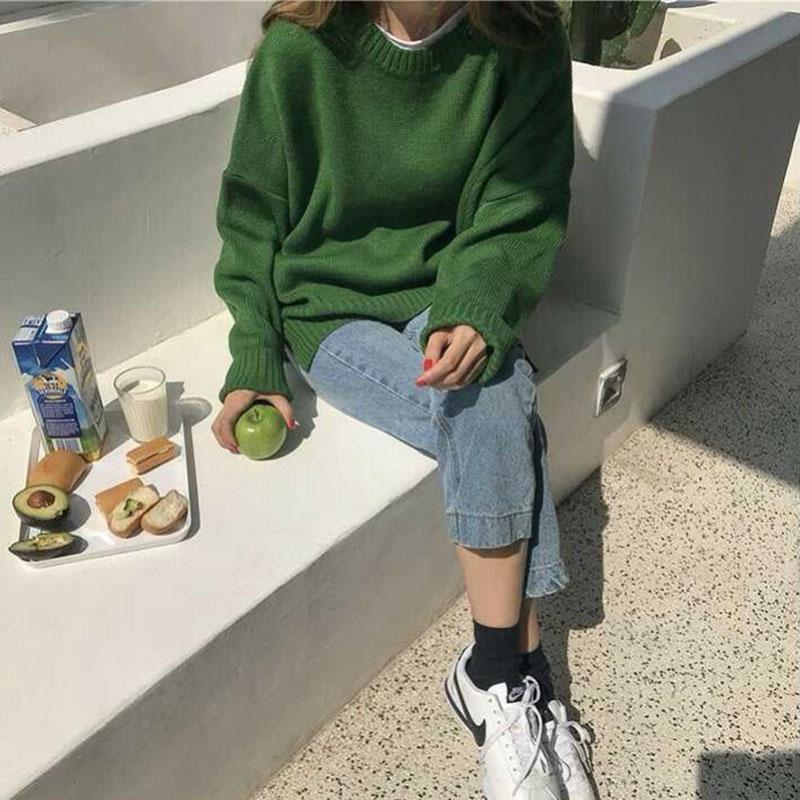 Autumn and Winter Casual Sweaters Solid Color Round Neck Loose Bottoming Shirt Knitted Pullover Women's Top