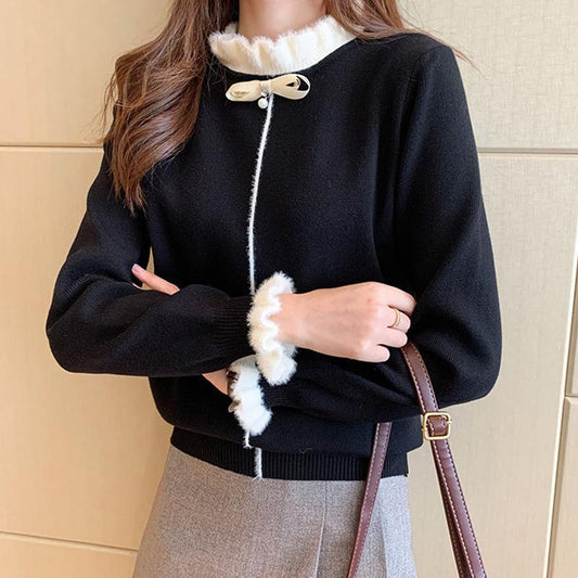 Half Turtleneck Sweater Women Thickened Bottoming Shirt Autumn  Winter Long-sleeved Fashion Bow-knot  Knitted Top