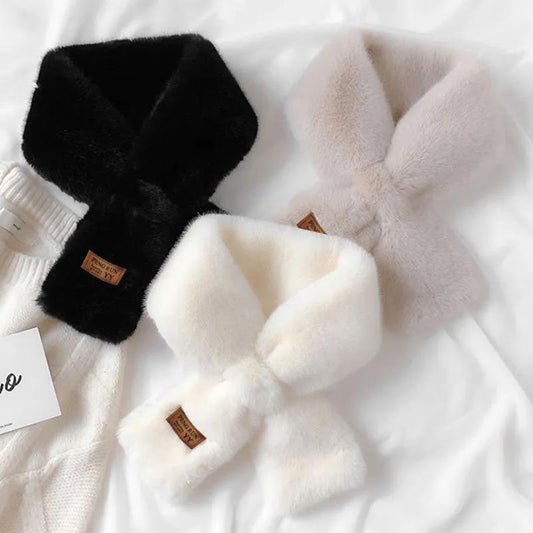 Korean Version Fashion Solid Color Labelling Scarf Women's Winter Imitation Rabbit Fur Plush Scarf