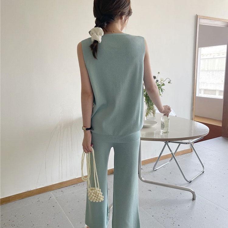 2PCS Spring and Summer Leisure Suit Two-piece Ice Silk Knitted Vest Cardigan + Wide-leg Pants Suit Loose Casual Lazy Style Sets